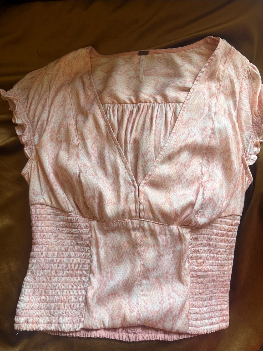 Free People Blush Pink V-Neck Smocked Waist Blouse- small